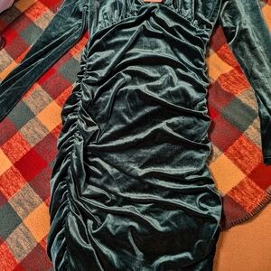SHEIN Velvet Long Sleeve Dress in Deep Green